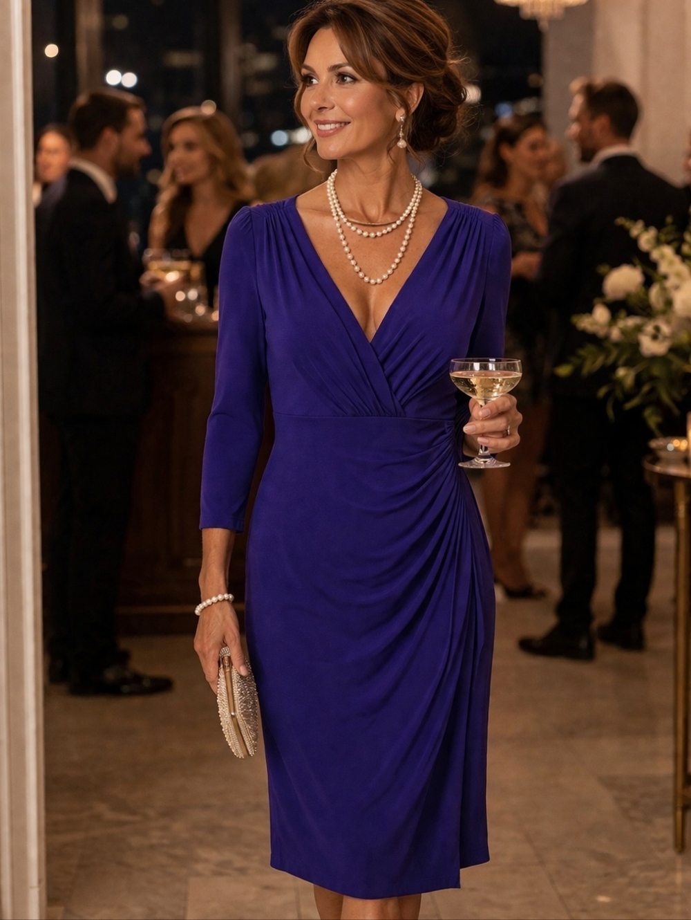 Lauren Ralph Lauren 14 Petite Purple Faux Wrap Cocktail Dress Ruched 3/4 Sleeve